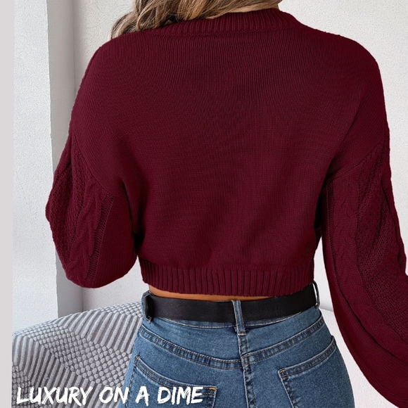 Waffle Cable Knit Crop Top Round Neck Long Sleeve Minimalist Sweater Shirt Red - Picture 5 of 9
